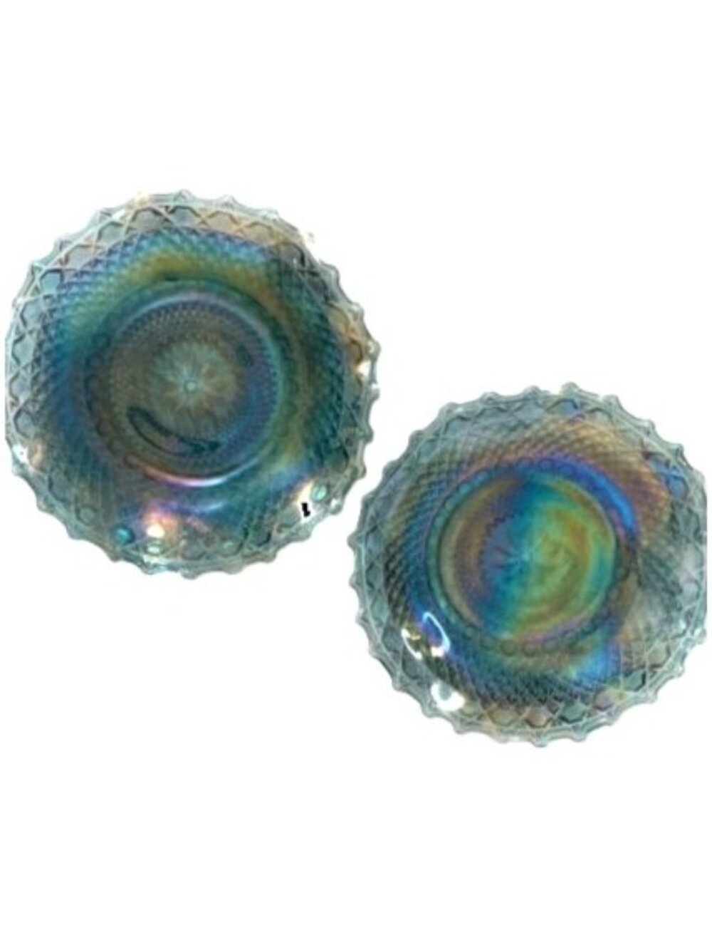 Vintage Indiana Glass Carnival Glass Plates Diamond Point Starburst Blue Ruffled